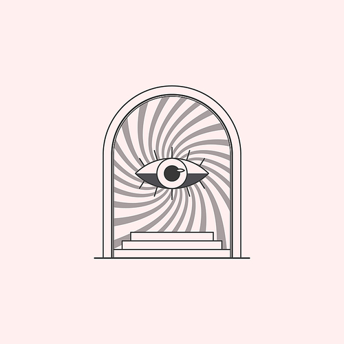 Vector mystic logo design template with portal,steps,spiral background and eye.Surreal abstract illustration in trendy minimal outline style.Magical emblem.Branding design template.