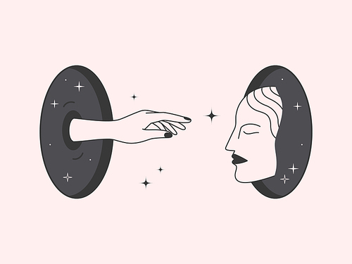 Vector mystic illustration with cosmic portals,female face,hand reaches for a enlightenment.Surreal abstract illustration in trendy minimal outline style.Esoteric concept.Spiritual design template.