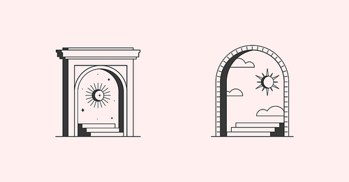 Vector mystic logo design templates with portals,steps,sun with crescent moon,and stars.Surreal abstract illustrations in trendy minimal outline style.Celestial emblems.Branding design templates.