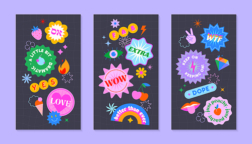 Vector insta story templates with patches and stickers in 90s style.Smm banners in y2k aesthetic with chess background.Funky designs for social media marketing,branding,packaging