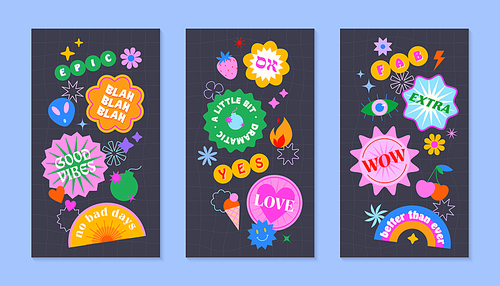 Vector insta story templates with patches and stickers in 90s style.Smm banners in y2k aesthetic with chess backgrounds.Funky designs for social media marketing,branding,packaging