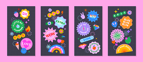 Vector insta story templates with patches and stickers in 90s style.Smm banners in y2k aesthetic with chess backgrounds.Funky designs for social media marketing,branding,packaging