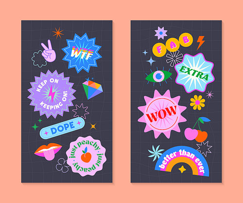 Vector insta story templates with patches and stickers in 90s style.Smm banners in y2k aesthetic with chess background.Funky designs for social media marketing,branding,packaging