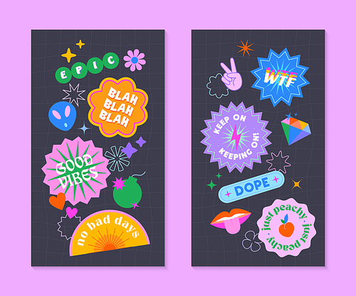 Vector insta story templates with patches and stickers in 90s style.Smm banners in y2k aesthetic with chess background.Funky designs for social media marketing,branding,packaging