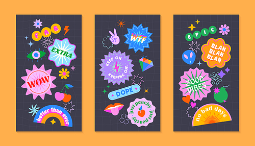 Vector insta story templates with patches and stickers in 90s style.Smm banners in y2k aesthetic with chess background.Funky designs for social media marketing,branding,packaging