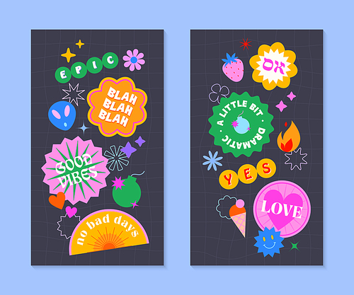 Vector insta story templates with patches and stickers in 90s style.Smm banners in y2k aesthetic with chess background.Funky designs for social media marketing,branding,packaging