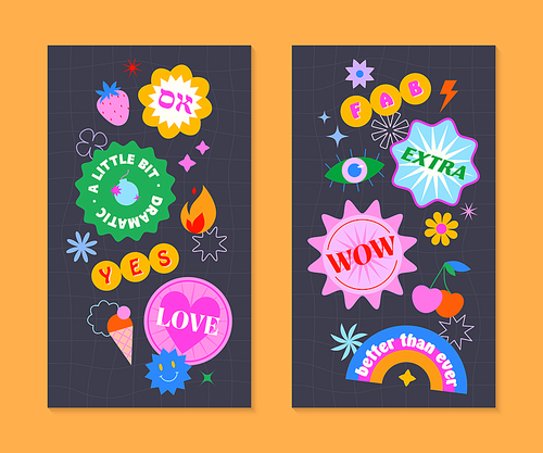 Vector insta story templates with patches and stickers in 90s style.Smm banners in y2k aesthetic with chess background.Funky designs for social media marketing,branding,packaging