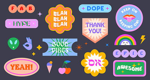 Vector set of cute funny patches and stickers in 90s style.Modern icons and symbols in y2k aesthetic with text.Trendy colorful emblems for banners,social media marketing,branding,packaging,covers