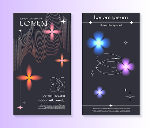 Vector insta story cosmic templates with linear shapes,blurred sparkles in 90s style.Smm banners in y2k aesthetic.Futuristic designs for social media marketing,branding,packaging