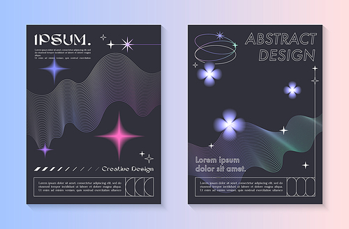 Vector abstract poster templates with linear shapes,blurred sparkles,copy space for text in 90s style.Futuristic illustrations in y2k aesthetic.Modern designs for prints,banners,social media,covers.