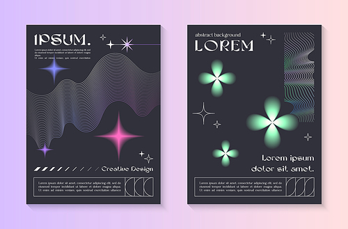 Vector abstract poster templates with linear shapes,blurred sparkles,copy space for text in 90s style.Futuristic illustrations in y2k aesthetic.Modern designs for prints,banners,social media,covers.