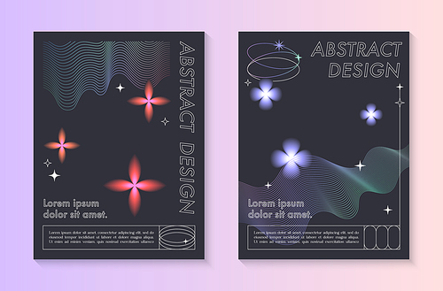 Vector abstract poster templates with linear shapes,blurred sparkles,copy space for text in 90s style.Futuristic illustrations in y2k aesthetic.Modern designs for prints,banners,social media,covers.