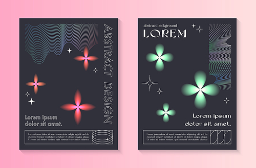 Vector abstract poster templates with linear shapes,blurred sparkles,copy space for text in 90s style.Futuristic illustrations in y2k aesthetic.Modern designs for prints,banners,social media,covers.