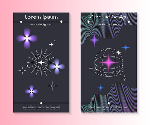 Vector insta story cosmic templates with linear shapes,blurred sparkles in 90s style.Smm banners in y2k aesthetic.Futuristic designs for social media marketing,branding,packaging