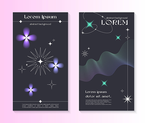 Vector insta story cosmic templates with linear shapes,blurred sparkles in 90s style.Smm banners in y2k aesthetic.Futuristic designs for social media marketing,branding,packaging