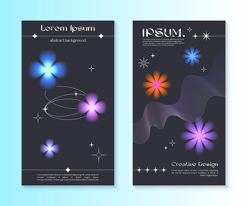 Vector insta story cosmic templates with linear shapes,blurred sparkles in 90s style.Smm banners in y2k aesthetic.Futuristic designs for social media marketing,branding,packaging