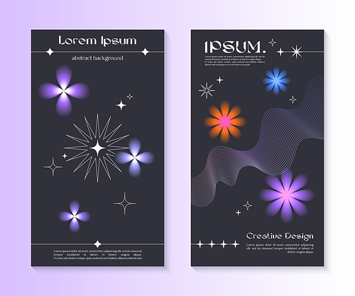 Vector insta story cosmic templates with linear shapes,blurred sparkles in 90s style.Smm banners in y2k aesthetic.Futuristic designs for social media marketing,branding,packaging