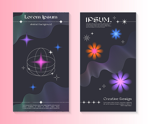 Vector insta story cosmic templates with linear shapes,blurred sparkles in 90s style.Smm banners in y2k aesthetic.Futuristic designs for social media marketing,branding,packaging