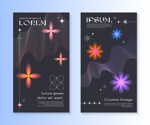 Vector insta story cosmic templates with linear shapes,blurred sparkles in 90s style.Smm banners in y2k aesthetic.Futuristic designs for social media marketing,branding,packaging