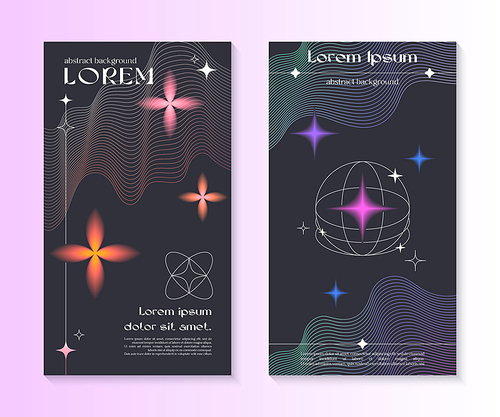 Vector insta story cosmic templates with linear shapes,blurred sparkles in 90s style.Smm banners in y2k aesthetic.Futuristic designs for social media marketing,branding,packaging