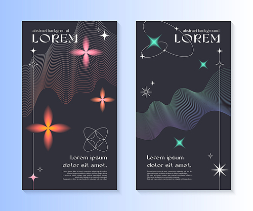 Vector insta story cosmic templates with linear shapes,blurred sparkles in 90s style.Smm banners in y2k aesthetic.Futuristic designs for social media marketing,branding,packaging