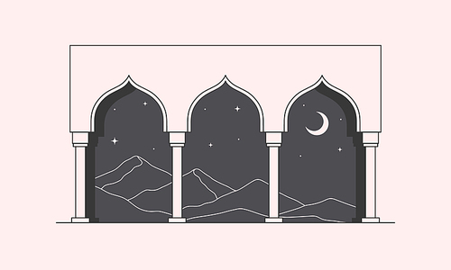 Vector linear boho illustration with abstract mountain landscape in moroccan window.Travel emblem with mountains or desert dunes;moon and stars.Modern bohemian label in oriental style.Branding design template.