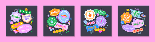 Vector set of cute illustrations with patches and stickers in 90s style.Modern templates in y2k aesthetic with text.Trendy funky designs for banners,social media marketing,branding,packaging,covers