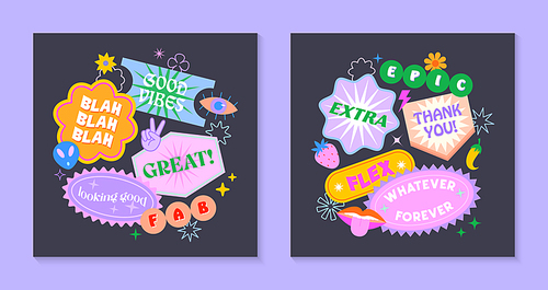 Vector set of cute illustrations with patches and stickers in 90s style.Modern templates in y2k aesthetic with text.Trendy funky designs for banners,social media marketing,branding,packaging,covers