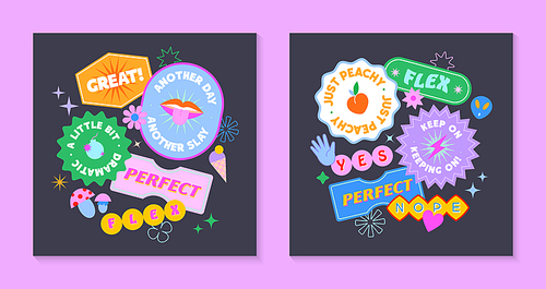 Vector set of cute illustrations with patches and stickers in 90s style.Modern templates in y2k aesthetic with text.Trendy funky designs for banners,social media marketing,branding,packaging,covers