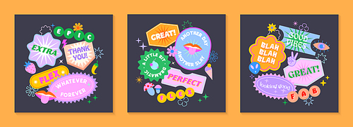 Vector set of cute illustrations with patches and stickers in 90s style.Modern templates in y2k aesthetic with text.Trendy funky designs for banners,social media marketing,branding,packaging,covers