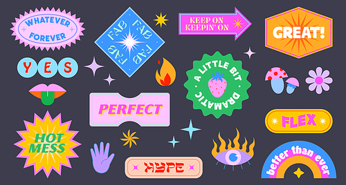 Vector set of cute funny patches and stickers in 90s style.Modern icons or symbols in y2k aesthetic with text.Trendy funky designs for banners,social media marketing,branding,packaging,covers