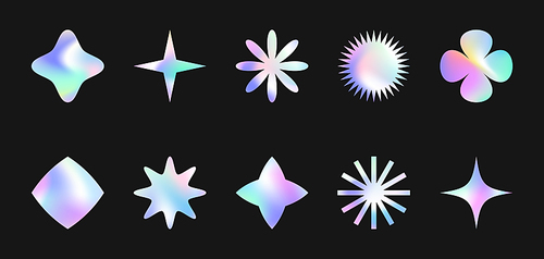 Vector set of holographic stickers in 90s style.Modern iridescent foil icons or symbols in y2k aesthetic.Trendy cosmic emblems for banners,social media marketing,branding,packaging,offers