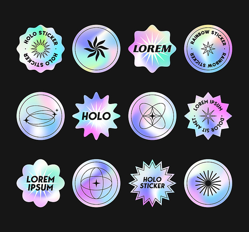 Vector set of holographic stickers.Modern iridescent foil labels in y2k aesthetic with copy space for text.Trendy cosmic emblems for banners,social media marketing,branding,packaging,offers