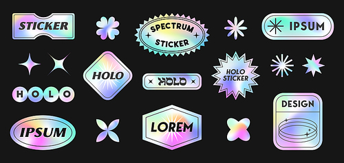 Vector set of holographic stickers and patches.Modern iridescent labels with copy space for text.Trendy cosmic emblems for banners,social media marketing,branding,packaging,offers