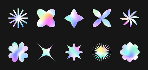 Vector set of holographic stickers in 90s style.Modern iridescent foil icons or symbols in y2k aesthetic.Trendy cosmic emblems for banners,social media marketing,branding,packaging,offers