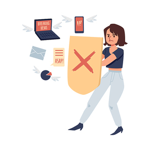 Anxious stressed woman reflecting attack of annoying news flow, cartoon flat vector illustration isolated on grey background. Information overload fighting.