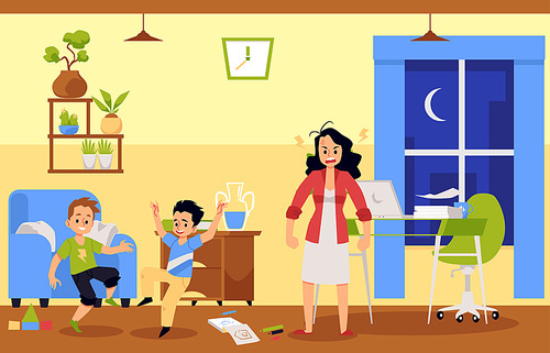 Mother trying to work from home is angry at unruly children creating chaos and noise. Young woman mom combines freelance work and kids care. Flat cartoon vector illustration.