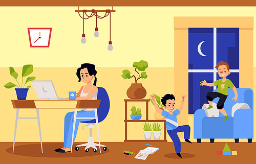 Working mother and noisy children disturbing her, flat vector illustration. Daily difficulties and troubles of woman raising kids and working from home.