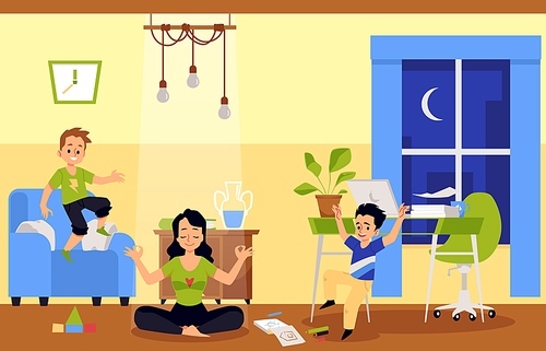 Working from home mother having rest break, flat vector illustration. Woman young mom freelancer resting from remote work while her children play at home.