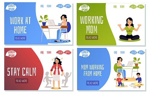 Mother work at home on computer laptop. Young busy woman mom combines remote working freelance and care for kids. Vector illustrations, set of landing pages template.