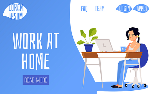 Mom work at home. Young busy woman freelancer sitting at desk with laptop and works remotely. Vector flat cartoon illustration. Landing page template.