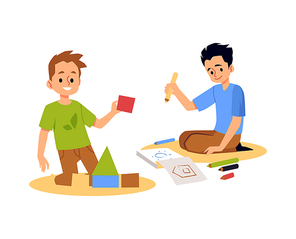 Kids playing with bricks and drawing together in kindergarten room or at home, flat vector illustration isolated on white background Children playing toys on the floor.