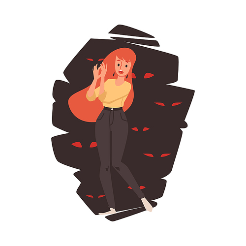 Young woman with expression fear and panic on face. Scared female character afraid red eyes in darkness. Person with phobias or mental disorder. Flat cartoon vector illustration.