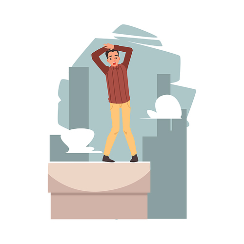 Scared frightened man with phobia of heights standing on roof of building. Man with fear of heights, flat vector illustration isolated on white background.
