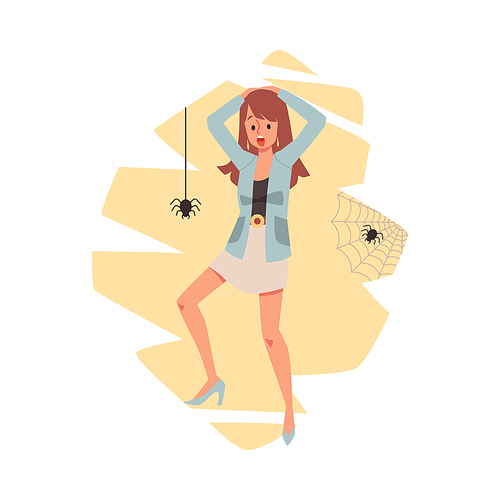 Frightened young woman afraid of spiders. Girl suffering from arachnophobia fear the scary insects and screams in panic and shock. Flat cartoon vector isolated illustration.