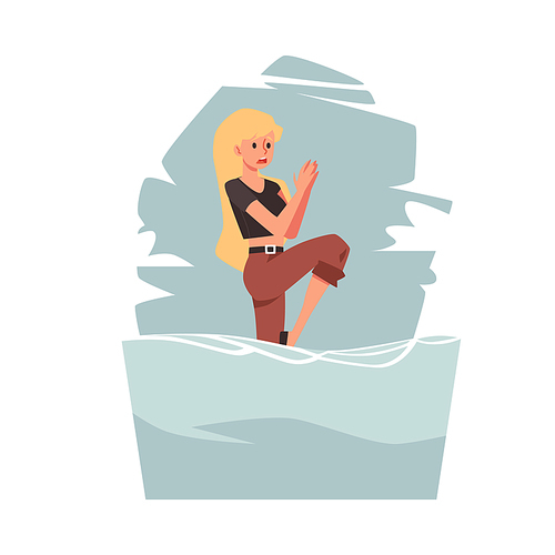 Young woman scared of water, flat vector illustration isolated on white background. Cartoon character of woman afraid of water or has aqua phobia disorder.