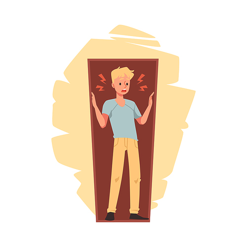 Man with fear of confined spaces or claustrophobia, flat vector illustration isolated on white background. Frightened man with claustrophobia or fear of closed spaces.