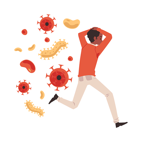 Alarmist man running in fear of viruses, flat vector illustration isolated on white background. Fear and phobia of viral and microbial diseases concept.