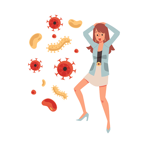Panic woman scared and afraid of viruses, flat vector illustration isolated on white background. Human fear and phobia, anxiety of viral and microbial diseases.