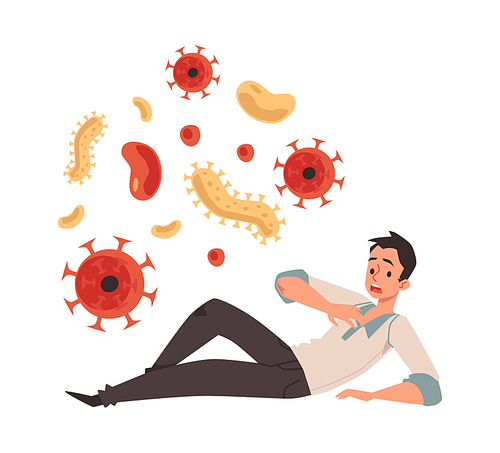 Man with anxiety of viruses and germs has panic attack, flat vector illustration isolated on white background. Human phobias and fears, Mysophobia concept.